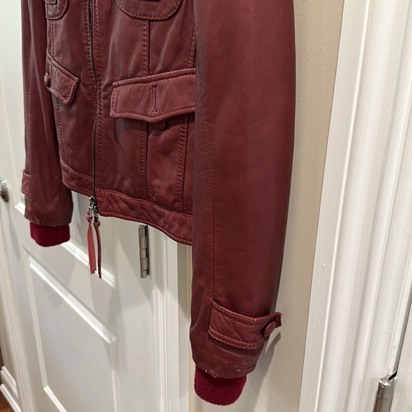 Flora Smith burgundy leather bomber jacket size 42 - Picture 5 of 11